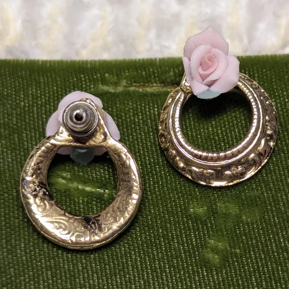 Gold and Pink Floral Hoop Earrings - Picture 3 of 4